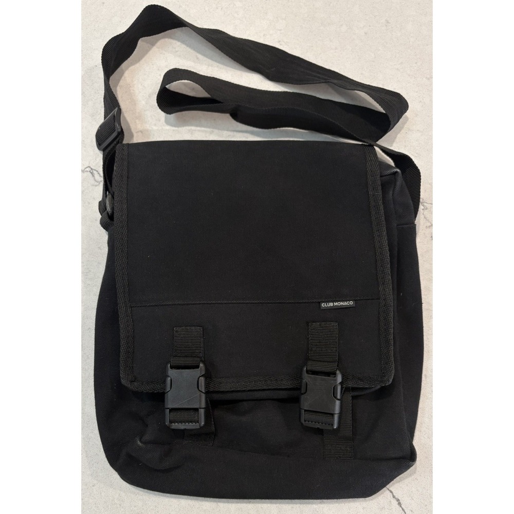 Vintage 90s Club Monaco Minimalist Black Messenger Bag Canvas Nylo Crossbody Y2K